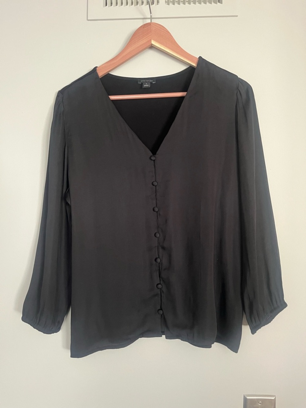 Ann Taylor Black V-Neck Covered Button Blouse